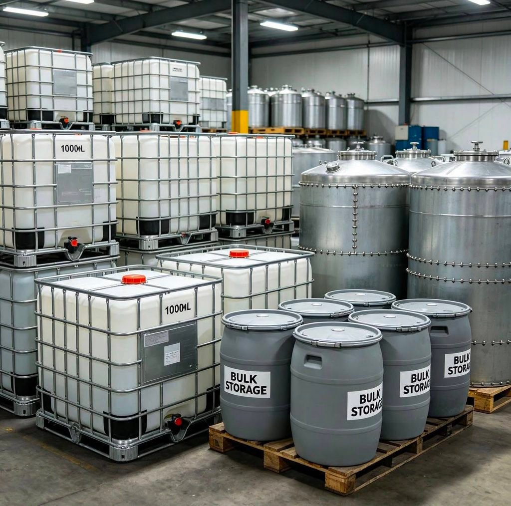 Bulk sunflower oil stored in IBC tanks and industrial drums
