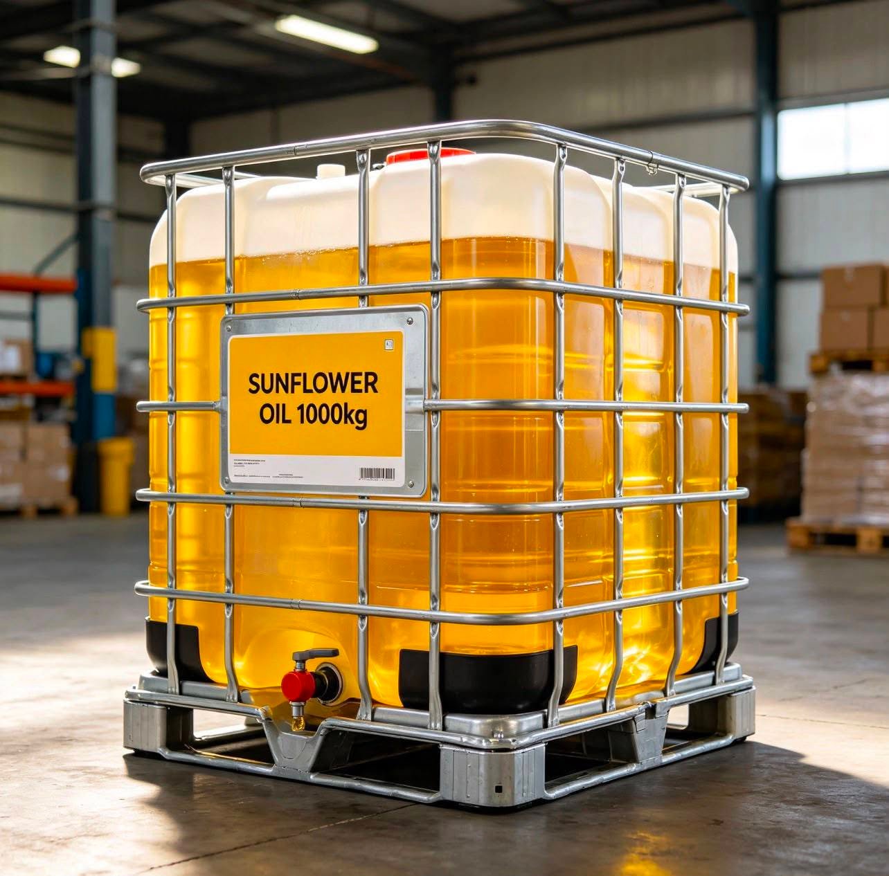 Sunflower oil packaged in labelled jerry cans on wooden pallets